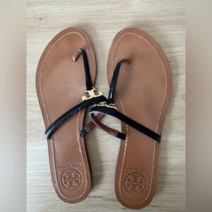Tory Burch Black Leather Logo Thong Sandals with Tan Footbed